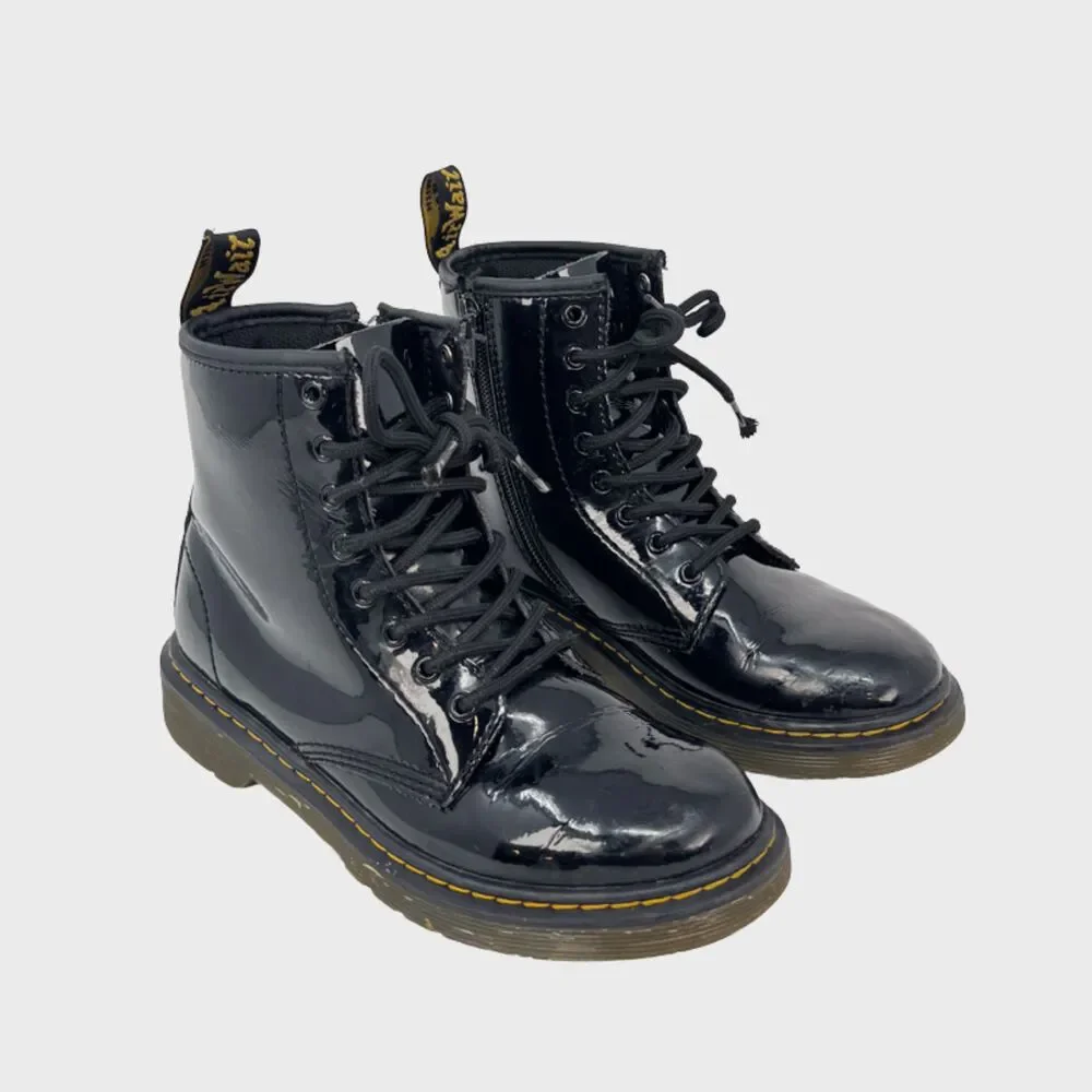 Dr Martens 1460 Juniors Combat Boots Black Patent Leather Lace Up Booties US 3